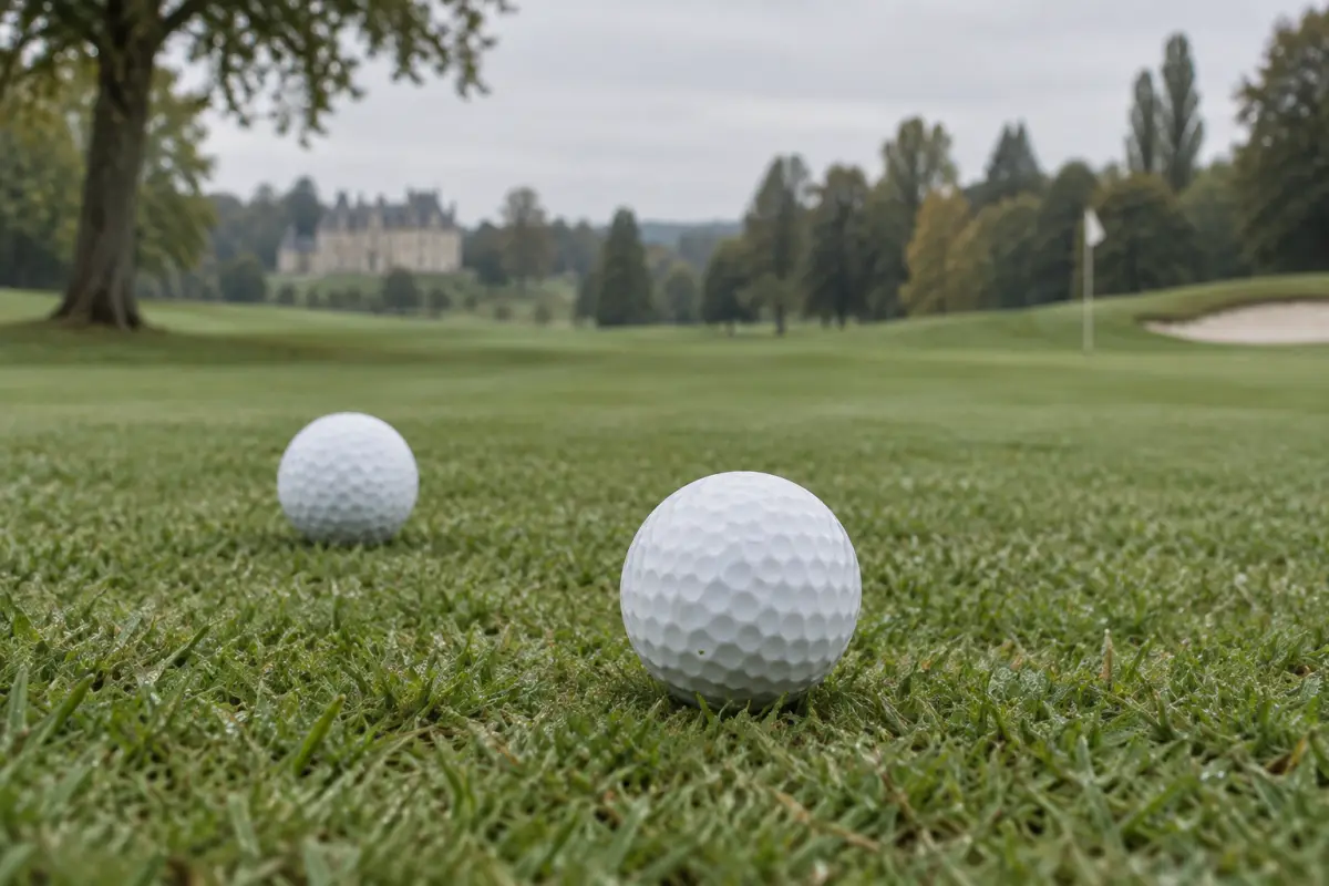 Balles de golf sans marquage posées sur une herbe rase, avec leurs alvéoles visibles.