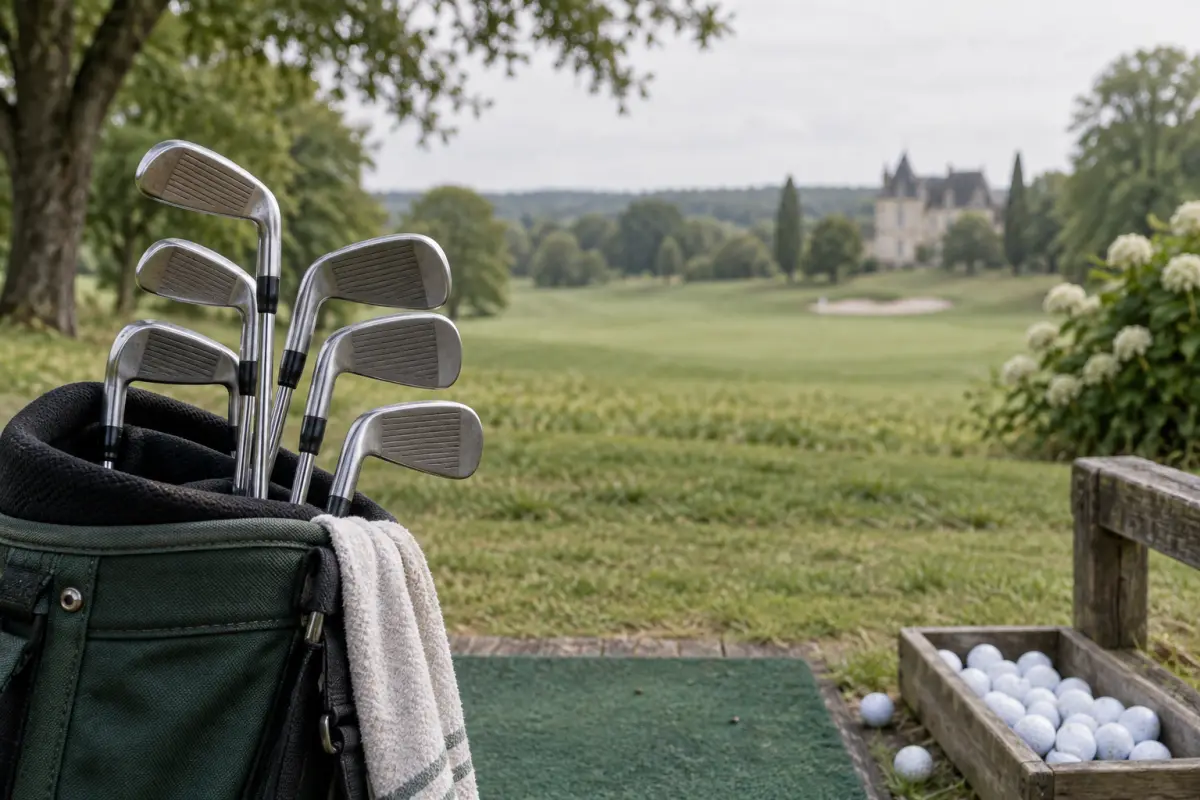 Têtes de fers et manches de golf sans marque disposés près du practice
