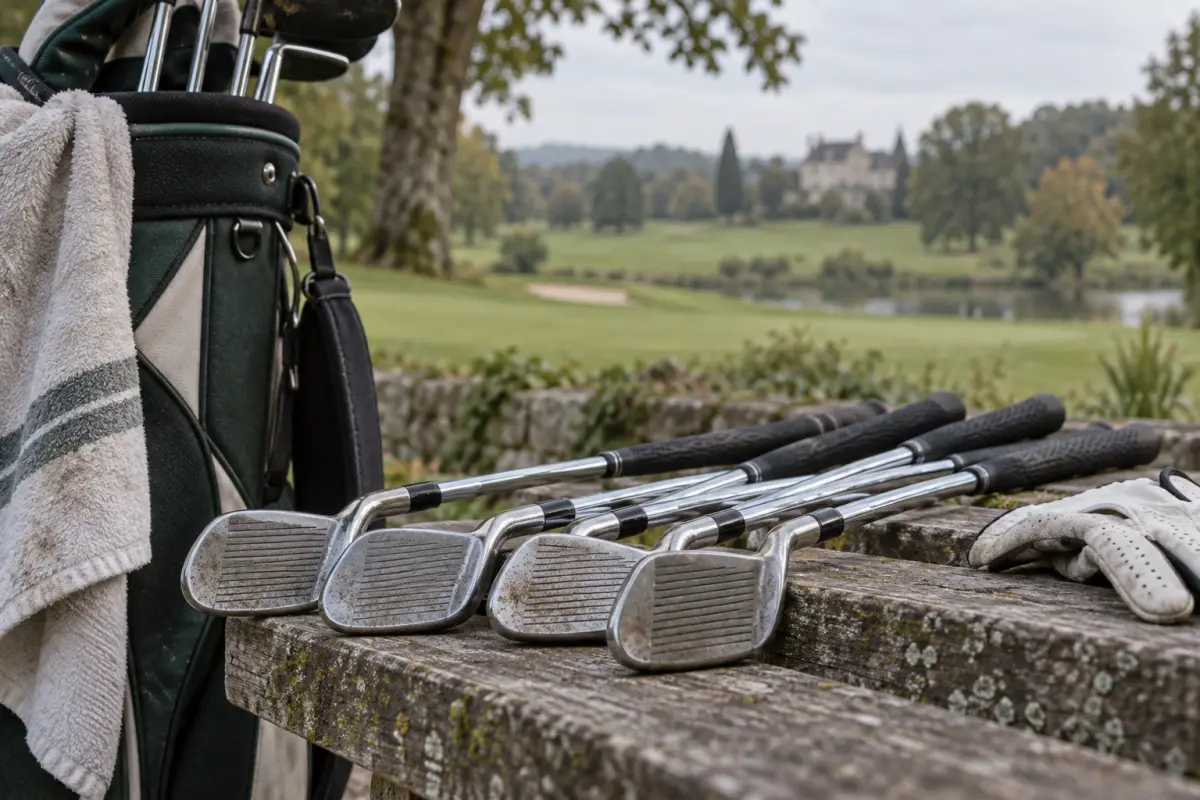 Clubs de golf d'occasion disposés pour examiner les têtes, les manches et les grips