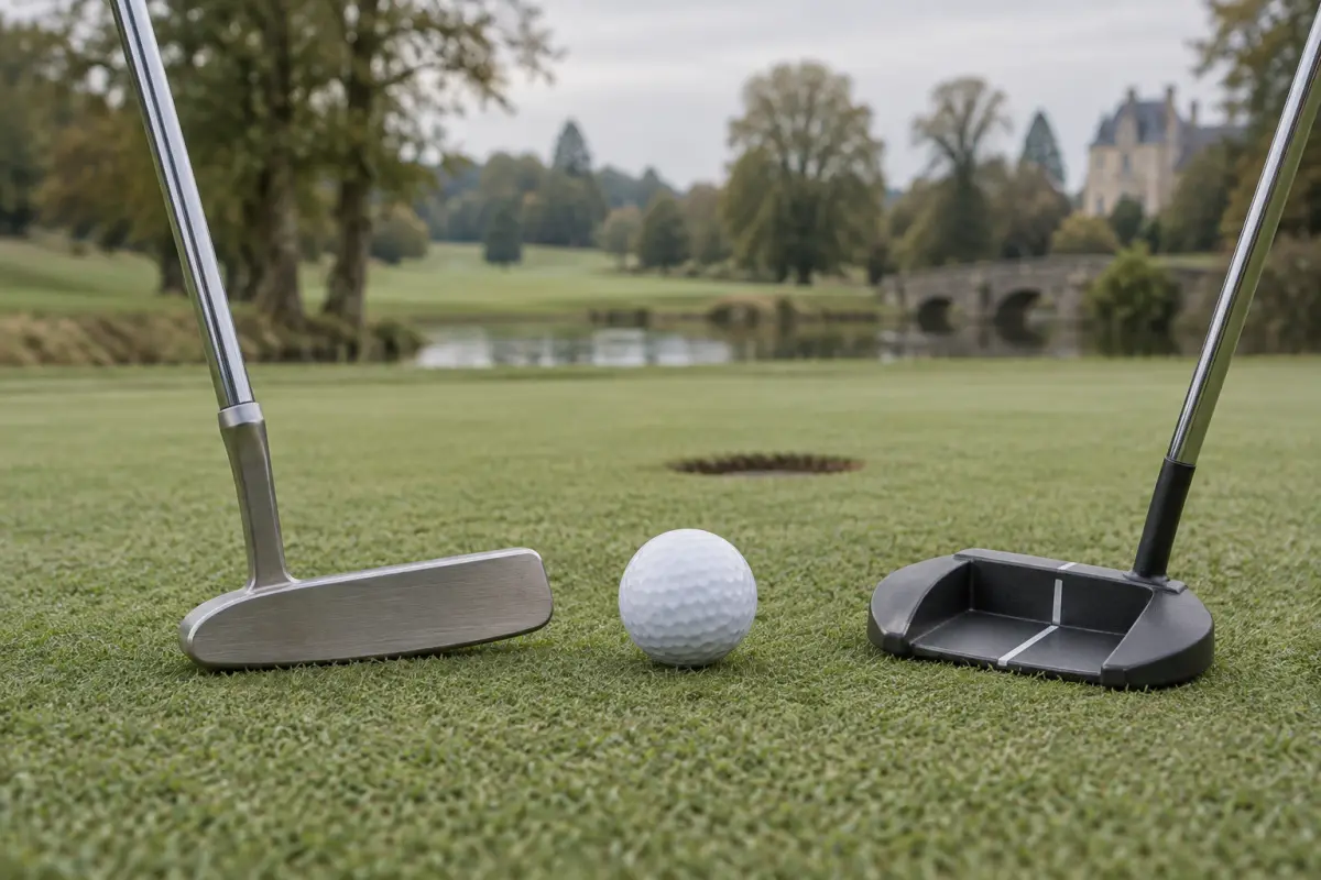 Têtes de putters lame et maillet posées près d'une balle sur un green.
