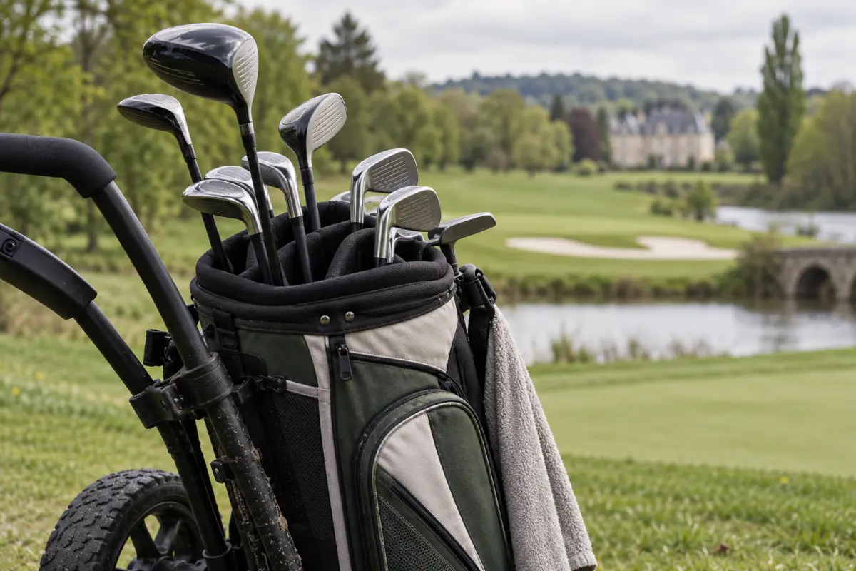 Plateau de maintien des clubs dans un sac fixé sur un chariot de golf.