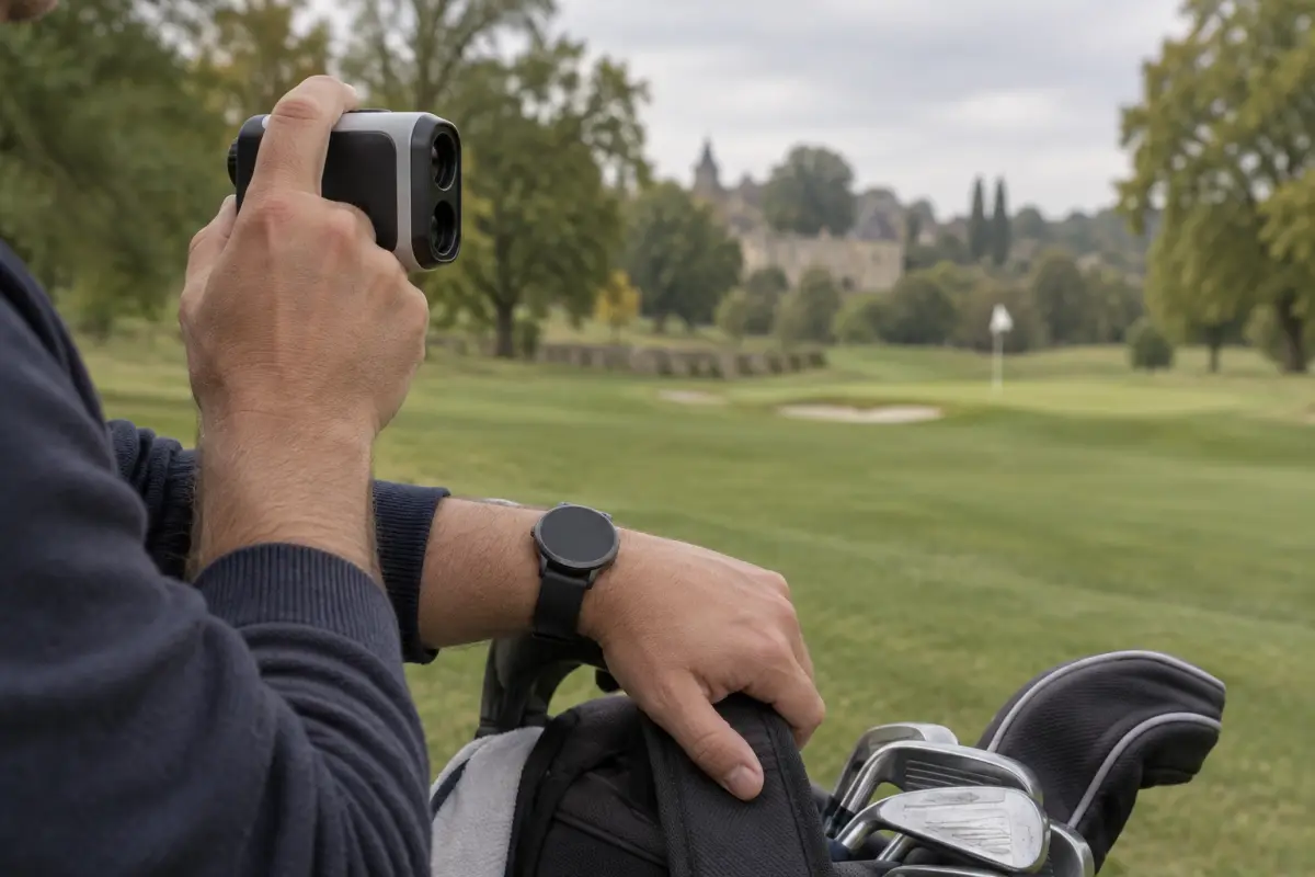 Télémètre laser pointé vers le green et montre GPS au poignet, au bord du fairway